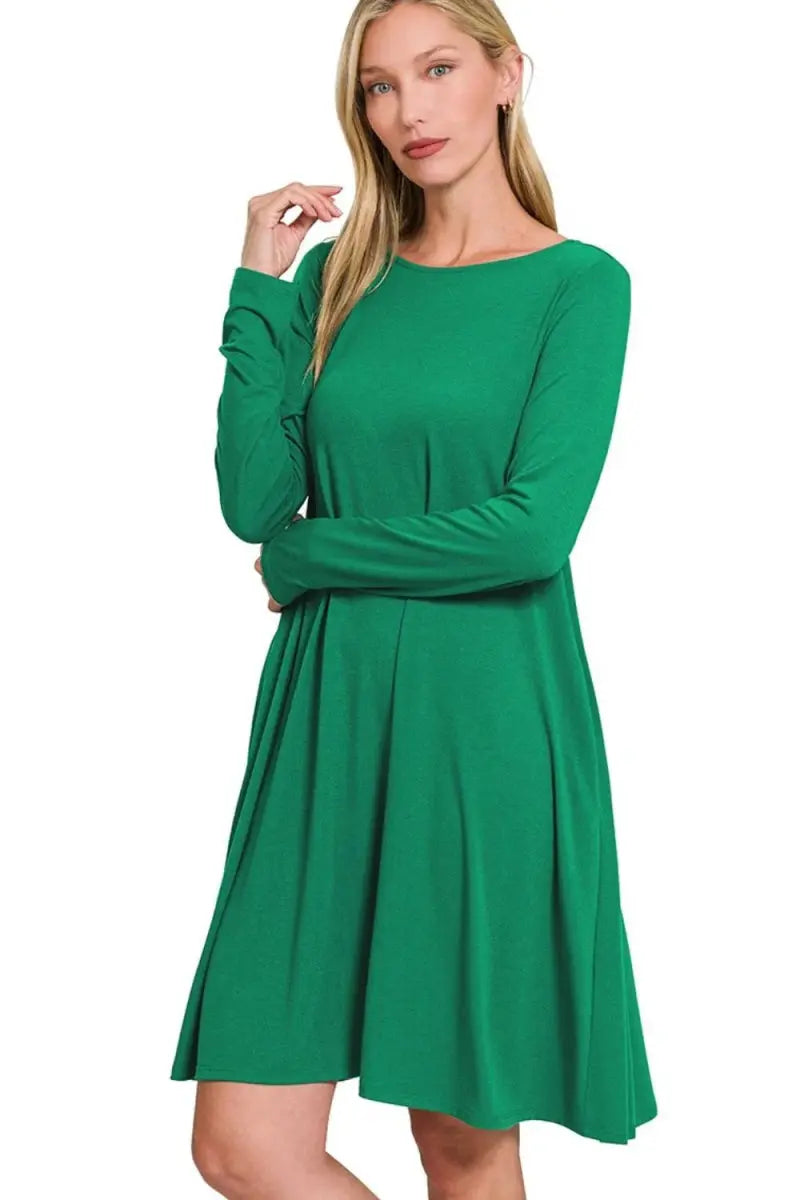 Zenana Long Sleeve Flare Dress With Pockets for Women - Love Salve
